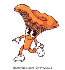 Groovy chanterelle mushroom cartoon character running. Funny retro orange fungi with cute face, arms and legs. Edible forest mushroom mascot, cartoon sticker of 70s 80s style vector illustration