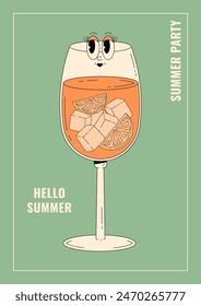 Groovy character Aperol spritz. Retro poster Hello summer and summer party with alcoholic beverage. Cafe bar or cocktail lounge flyer. Retro vector illustration 