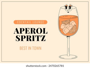 Groovy character Aperol spritz. Retro banner and label with popular alcoholic beverage. Cafe bar or cocktail lounge logo and sign. Retro vector illustration 70s, 80s style