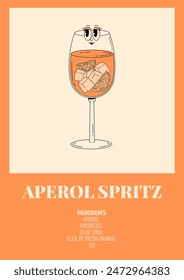 Groovy character Aperol spritz. Retro poster with popular alcoholic cocktail and its ingredients. Vintage vector illustration in 70s, 80s style