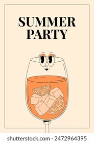 Groovy character Aperol spritz. Retro poster Summer party with popular alcoholic beverage. Vintage vector illustration 70s, 80s style