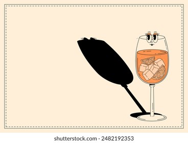 Groovy Charakter Aperol spritz. Retro Banner alkoholisches Getränk mit leerem Raum. Retro Vektorillustration 70er, 80er Jahre Stil