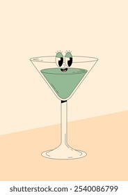 Groovy character Apple Martini with emotion. Retro summer poster with popular alcoholic cocktail and empty space. Vintage vector illustration 70s, 80s style