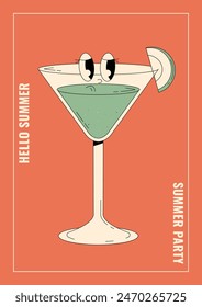 Groovy character apple martini. Retro Hello summer and summer party poster with popular alcoholic beverage. Cafe bar or cocktail lounge flyer. Vector illustration 70s, 80s style