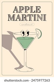 Groovy character apple martini. Retro summer poster with popular alcoholic cocktail. Vintage vector illustration in 70s, 80s style