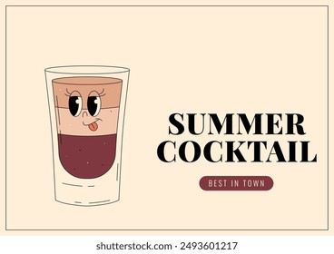 Groovy character b52. Retro banner and label with popular alcoholic beverage. Cafe bar or cocktail lounge logo and sign. Summer vintage vector illustration
