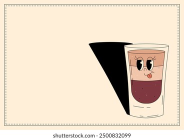 Groovy character b52. Retro banner alcoholic beverage with empty space. Retro vector illustration 70s, 80s style