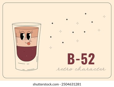 Groovy character b52. Retro banner and label with popular alcoholic beverage. Cafe bar or cocktail lounge logo and sign. Summer vintage vector illustration