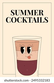 Groovy character b52. Retro poster Summer cocktails with popular alcoholic beverage. Vintage vector illustration 70s, 80s style