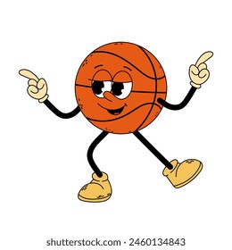 Groovy character basketball. Cool cartoon trendy retro style basketball character. Doodle comic illustration basketball. Basketball. 