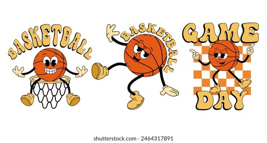 Groovy character basketball. Set basketball ball with inscription cartoon trendy retro style. Basketball sticker. Doodle comic illustration basketball.