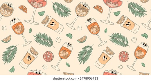Groovy character beverages. Retro summer seamless pattern with popular alcoholic cocktail aperol spritz, limoncello spritz, tequila. Vintage vector illustration in 70s, 80s style