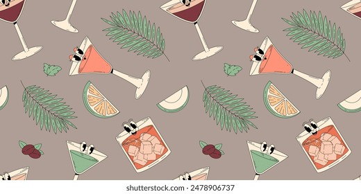 Groovy character beverages. Retro summer seamless pattern with popular alcoholic cocktail Espresso Martini, Cosmopolitan, Negroni, Apple Spritz. Vintage vector illustration in 70s, 80s style