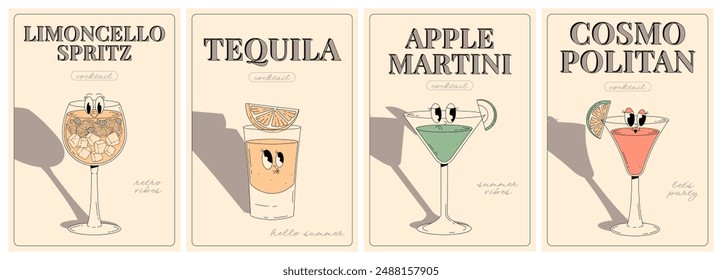 Groovy character beverages. Retro summer poster set with popular alcoholic cocktail. Vintage vector illustration in 70s, 80s style