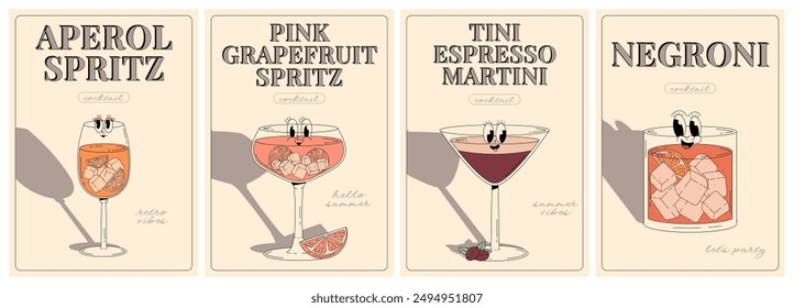 Groovy character beverages. Retro summer poster set with popular alcoholic cocktail aperol spritz, pink grapefruit spritz, tiny espresso, martini and negroni. Vintage vector illustration