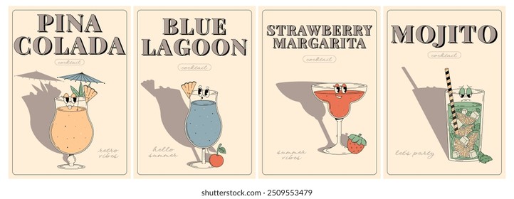 Groovy character beverages. Retro summer poster set with popular alcoholic cocktail mojito, pina colada, margarita, blue lagoon. Vintage vector illustration