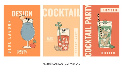 Groovy character bloody mary, mojito, blue lagoon. Retro summer party posters set with popular alcoholic beverage. Vintage vector illustration 70s, 80s style