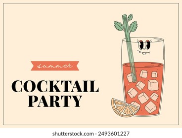 Groovy character Bloody Mary. Retro banner and label with popular alcoholic beverage. Cafe bar or cocktail lounge logo and sign. Summer vintage vector illustration