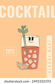 Groovy character Bloody Mary. Retro summer party poster with popular alcoholic beverage. Cafe bar or cocktail lounge flyer. Vector illustration