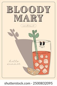 Groovy character Bloody Mary. Retro summer poster with popular alcoholic cocktail. Vintage vector illustration in 70s, 80s style