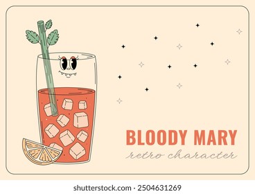 Groovy character Bloody Mary. Retro banner and label with popular alcoholic beverage. Cafe bar or cocktail lounge logo and sign. Summer vintage vector illustration