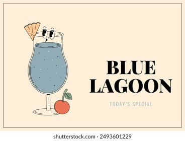 Groovy character blue Lagoon. Retro banner and label with popular alcoholic beverage. Cafe bar or cocktail lounge logo and sign. Summer vintage vector illustration