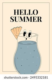Groovy character blue Lagoon. Retro poster Hello summer with popular alcoholic beverage. Vintage vector illustration 70s, 80s style