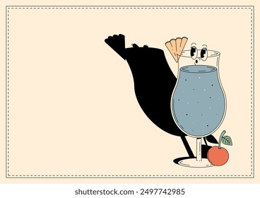 Groovy character blue Lagoon. Retro banner alcoholic beverage with empty space. Retro vector illustration 70s, 80s style