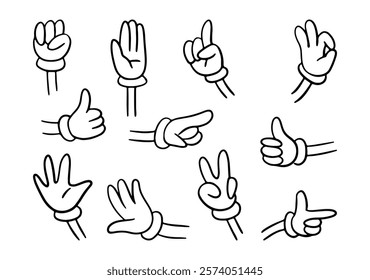 Groovy character body part, isolated hand of personage. Vector arm wearing gloves, gesturing and signs, non verbal communication. Raising fist and stop, indexing finger, and okay, peace and thumb up