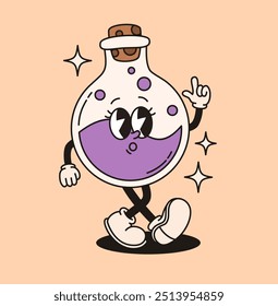 Botella de carácter Groovy con poción mágica púrpura. Ilustración vectorial plana.