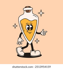 Botella de carácter Groovy con poción mágica amarilla. Ilustración vectorial plana.