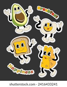Groovy Character Breakfast Avocado Toast Egg Cheese Retro Vintage Cartoon Sticker Set