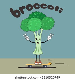 Groovy character broccoli cabbage on a skateboard. Cartoon vector illustration in retro style of the 60s, 70s. Cute mascot design. The concept of a healthy lifestyle, nutrition.eps10