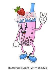 Groovy character bubble milkshake with strawberries on ice. Vector illustration cartoon style. Isolated element for your cafe design, summer verandas or stickers and printing