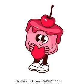 Groovy character cake holding heart in hands, vector illustration. Cartoon isolated retro pink cake sticker with cherry and jelly topping, funny cupcake mascot sticker with present for Valentine's day