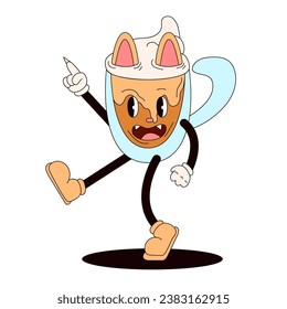 El gato de Groovy personaje en forma de taza con guantes. Estilo de dibujos animados retro. Ilustración vectorial aislada en un fondo blanco.