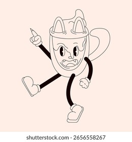 Gato de carácter Groovy en forma de una taza en guantes en estilo de arte de línea. Ilustración retro aislada sobre un fondo claro.