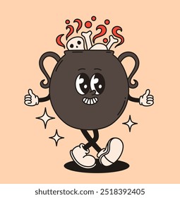 Groovy character cauldron with bones. Flat vector illustration