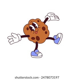 Groovy character of chocolate cookie in retro gloves on hands walks. Funky biscuit with round shape has fun. Happy bakery mascot shows tongue. Flat isolated vector illustration on white background