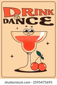 Groovy character cocktail with cherry. Retro poster, flyer with alcoholic or nonalcoholic drink. Vintage vector illustration 70s, 80s style for cafe, bar, lounge
