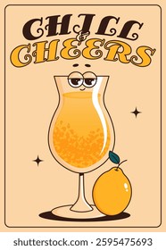 Groovy character cocktail with lemon. Retro poster, flyer with alcoholic or nonalcoholic drink. Vintage vector illustration 70s, 80s style for cafe, bar, lounge