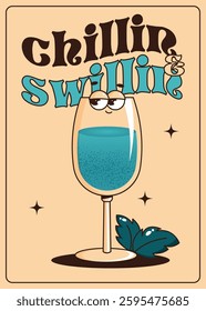 Groovy character cocktail with mint leaves. Retro poster, flyer with alcoholic or nonalcoholic drink. Vintage vector illustration 70s, 80s style for cafe, bar, lounge