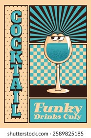 Groovy character cocktail. Retro poster, flyer with alcoholic or nonalcoholic beverage. Vintage vector illustration 70s, 80s style for cafe, bar, lounge. Blue colors