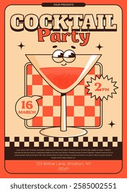 Groovy character cocktail. Retro summer party invitation poster, flyer with alcoholic or nonalcoholic beverage. Vintage vector illustration 70s, 80s style for cafe, bar, pub, lounge. Red colors