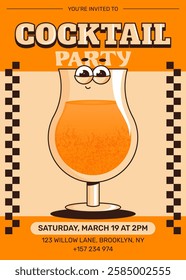 Groovy character cocktail. Retro summer party invitation poster with alcoholic or nonalcoholic beverage. Vintage vector illustration for cafe, bar, pub, lounge. Orange colors