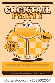 Groovy character cocktail. Retro summer party invitation poster, flyer with alcoholic or nonalcoholic beverage. Vintage vector illustration for cafe, bar, pub, lounge. Yellow colors