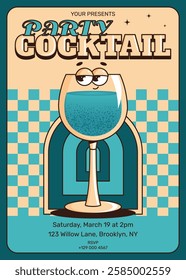 Groovy character cocktail. Retro summer party invitation poster, flyer with alcoholic or nonalcoholic drink. Vintage vector illustration for cafe, bar, pub, lounge. Blue colors