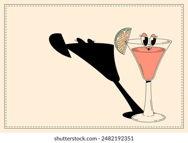 Groovy character cosmopolitan. Retro banner alcoholic beverage with empty space. Retro vector illustration 70s, 80s style