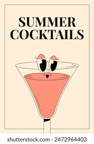 Groovy character cosmopolitan. Retro poster Summer cocktails with popular alcoholic beverage. Vintage vector illustration 70s, 80s style