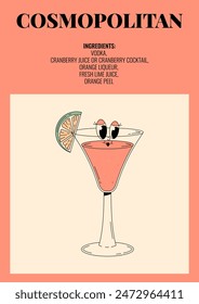 Groovy character cosmopolitan. Retro poster with popular alcoholic cocktail and its ingredients. Vintage vector illustration in 70s, 80s style
